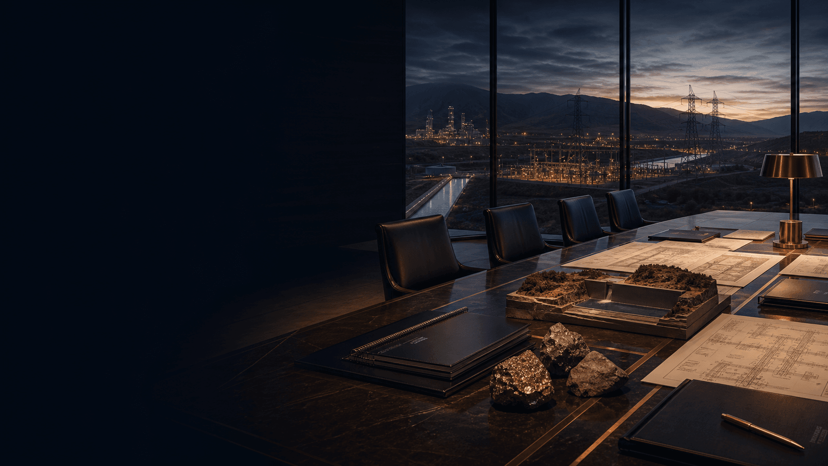 Executive infrastructure conference room overlooking critical-resource assets